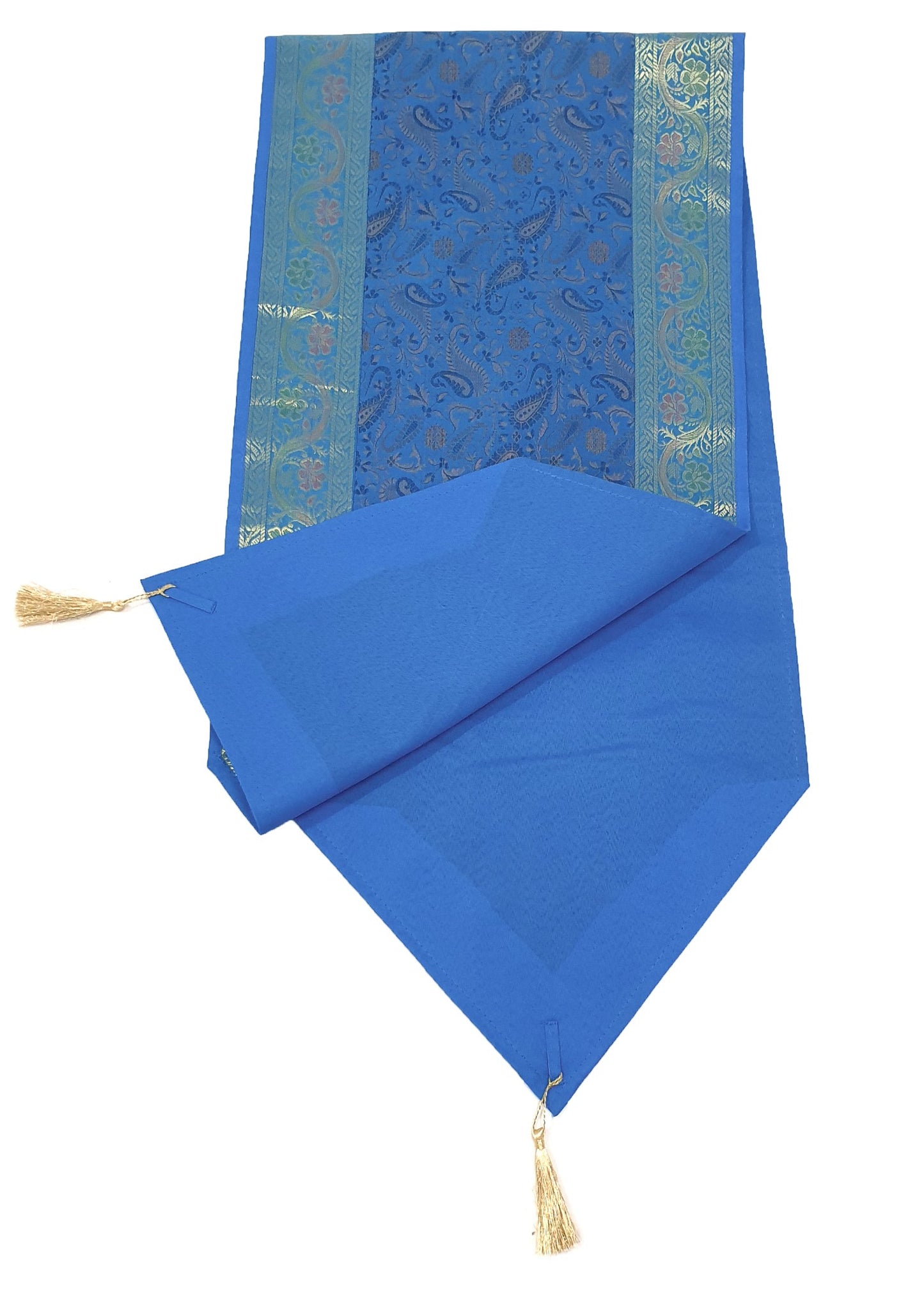 Turq. Blue Banarasi Table Runner Silk Brocade Paisley Dining Decor Indian Cloth