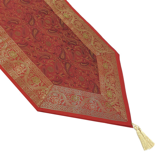 Red Ethnic Banarasi Table Runner Dining Decor Indian Silk Brocade Paisley Cloth