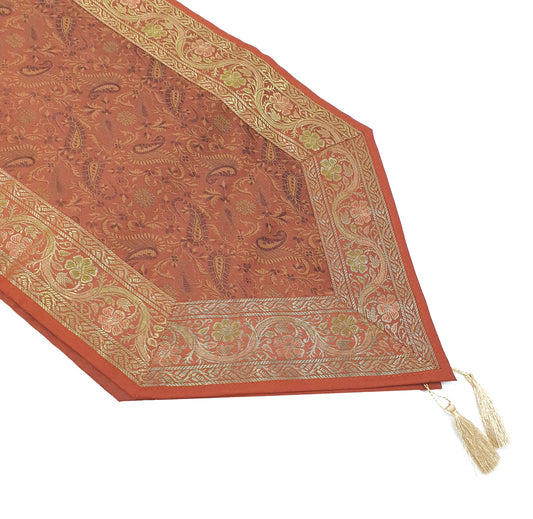 Banarasi Table Runner Rust Silk Brocade Paisley Dining Decor Indian Gift Cloth