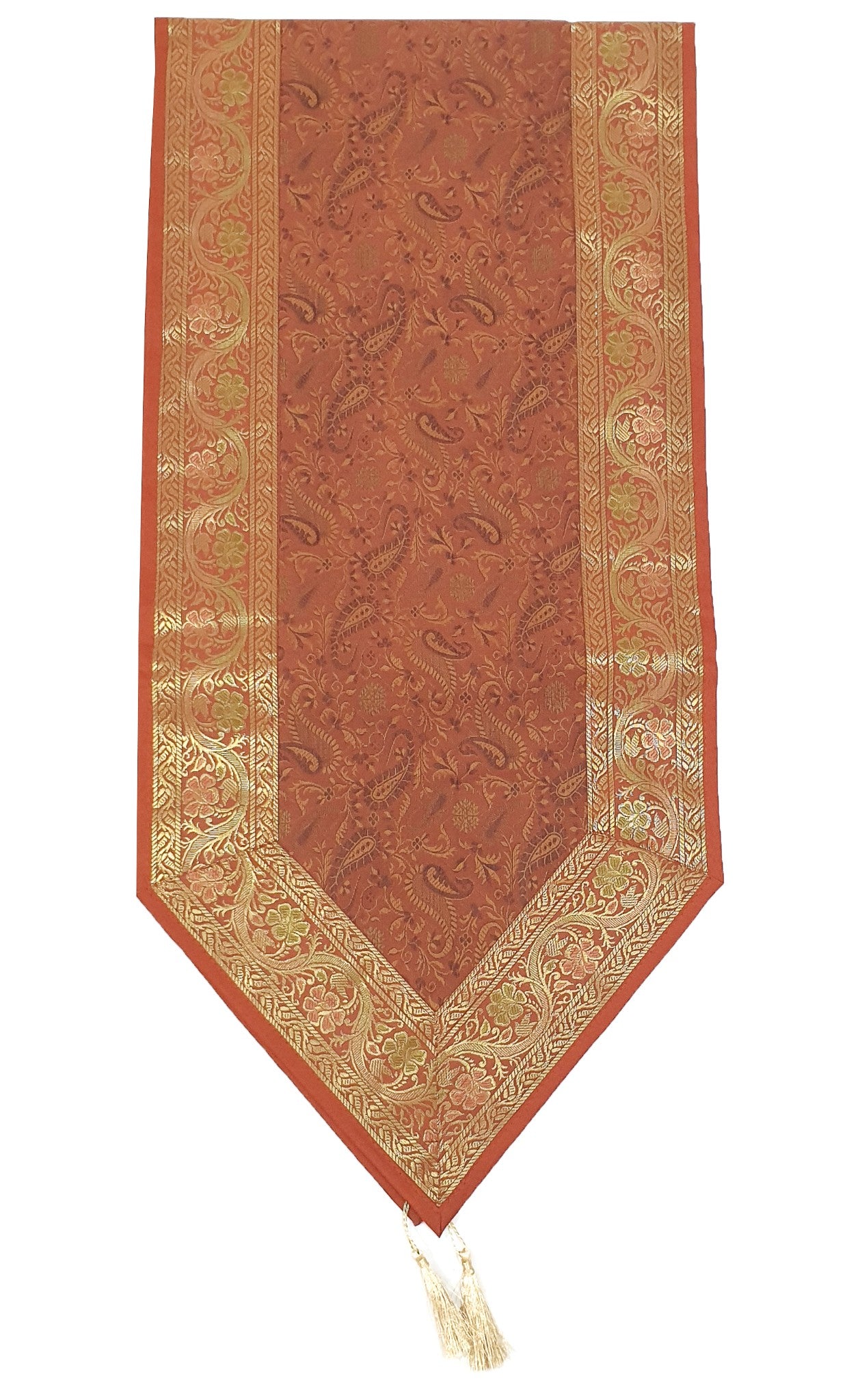 Banarasi Table Runner Rust Silk Brocade Paisley Dining Decor Indian Gift Cloth
