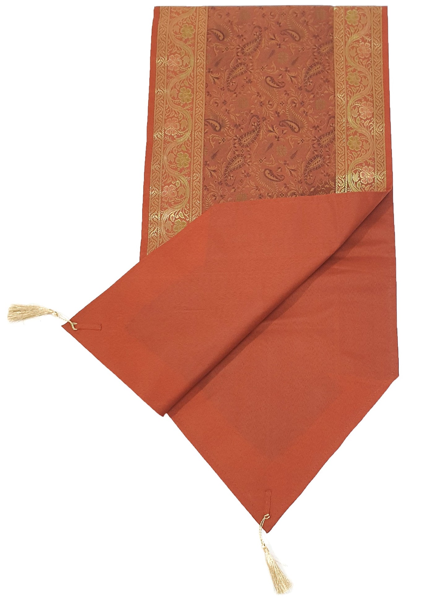 Banarasi Table Runner Rust Silk Brocade Paisley Dining Decor Indian Gift Cloth