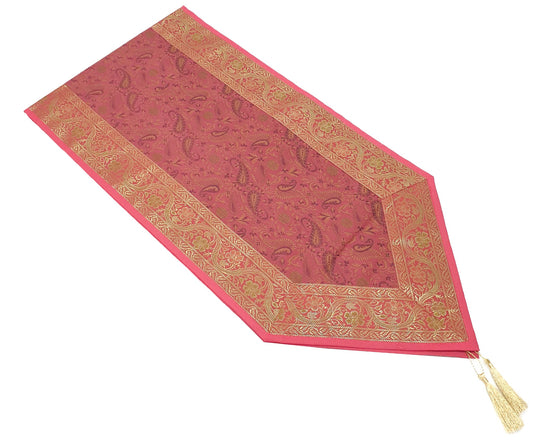 Pink Table Runner Dining Decor Indian Banarasi Silk Brocade Paisley Gift Cloth