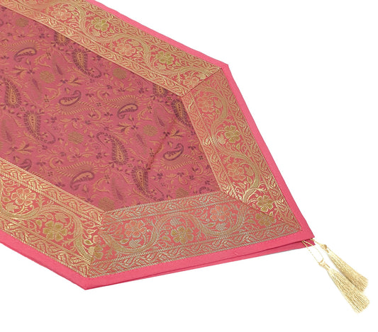 Pink Table Runner Dining Decor Indian Banarasi Silk Brocade Paisley Gift Cloth
