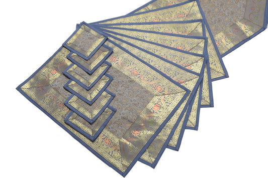 13 PC Gray Table Runner Dining Decor Indian Banarasi Silk Brocade Paisley Cloth