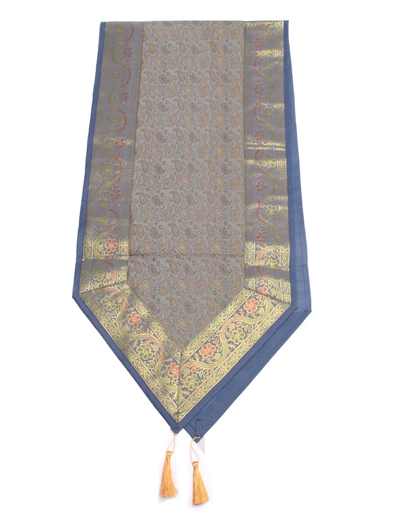 13 PC Gray Table Runner Dining Decor Indian Banarasi Silk Brocade Paisley Cloth
