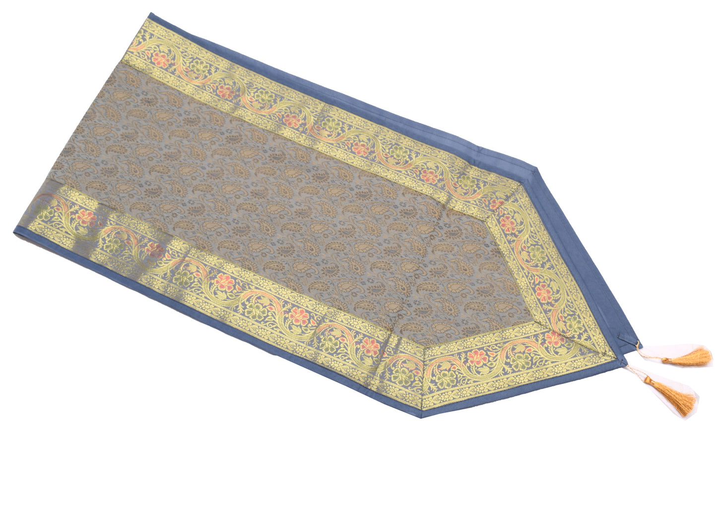 13 PC Gray Table Runner Dining Decor Indian Banarasi Silk Brocade Paisley Cloth