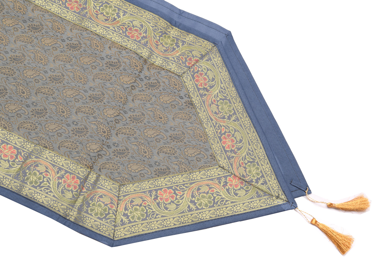 13 PC Gray Table Runner Dining Decor Indian Banarasi Silk Brocade Paisley Cloth