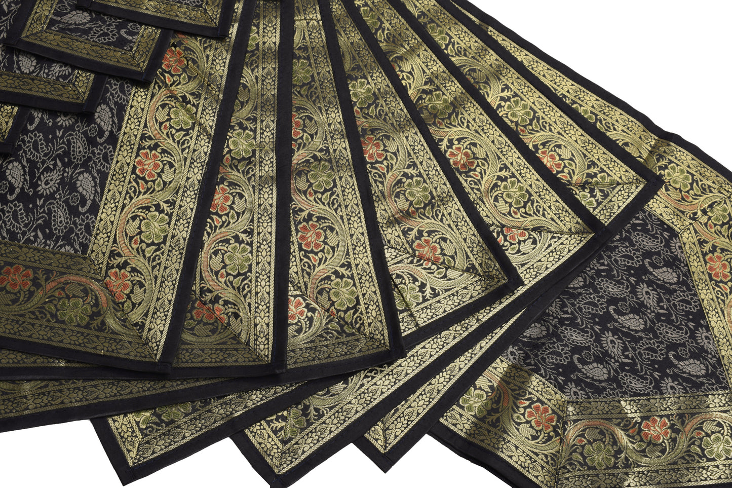 13 PC Black Dining Table Runner Set Decor Banarasi Silk Brocade Paisley Gift