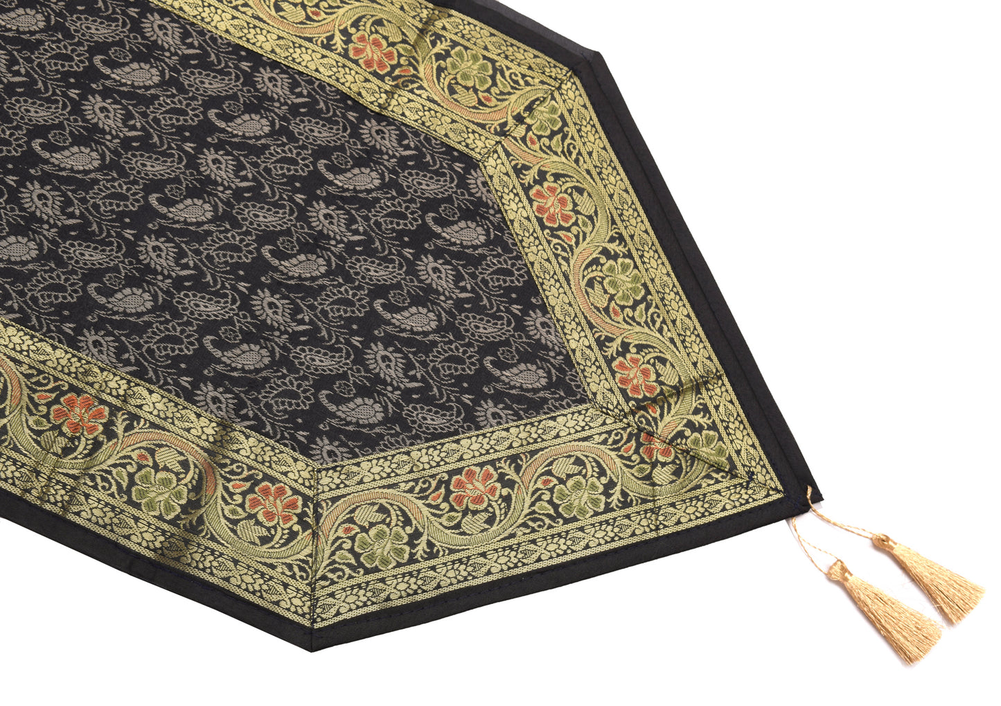 13 PC Black Dining Table Runner Set Decor Banarasi Silk Brocade Paisley Gift