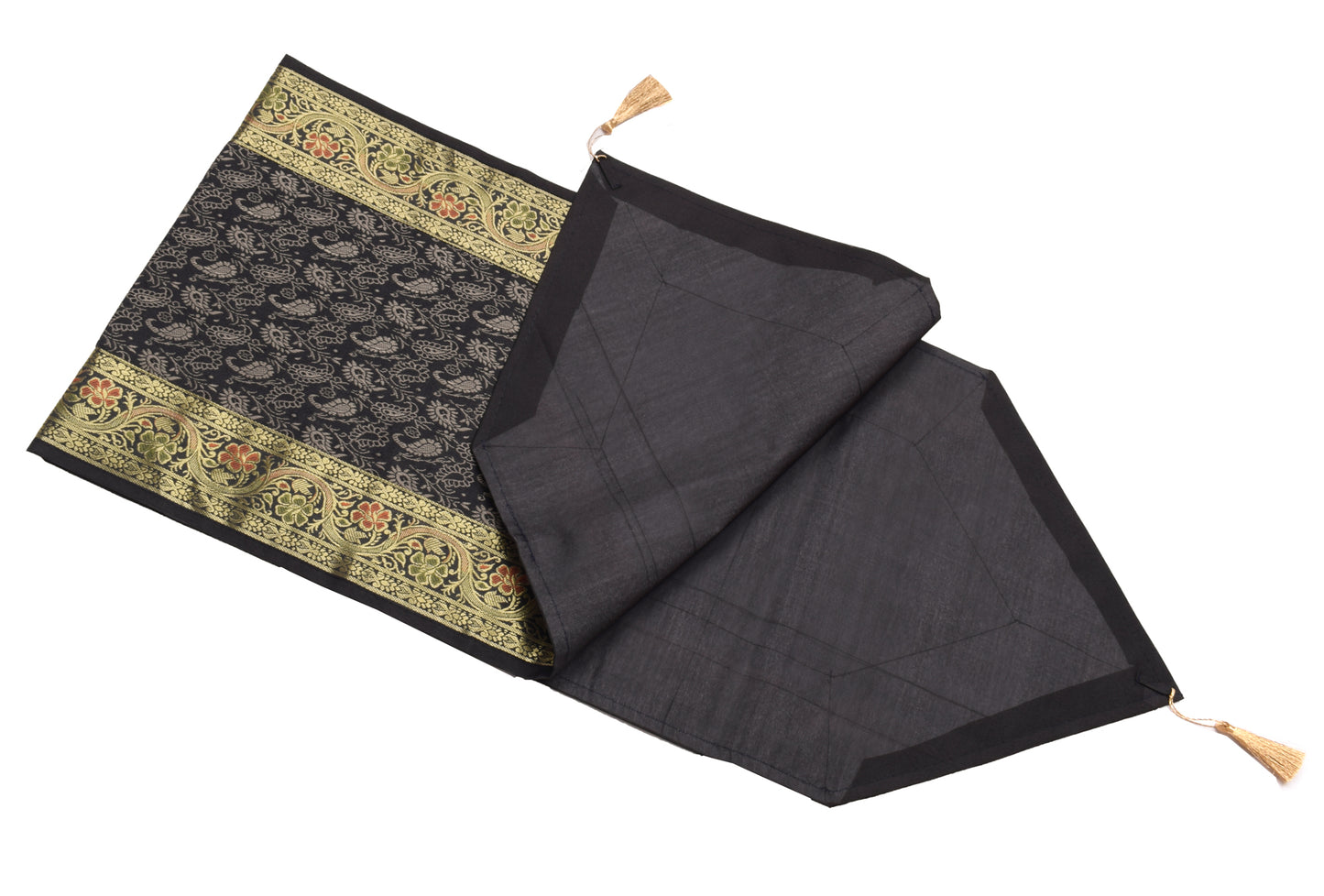 13 PC Black Dining Table Runner Set Decor Banarasi Silk Brocade Paisley Gift