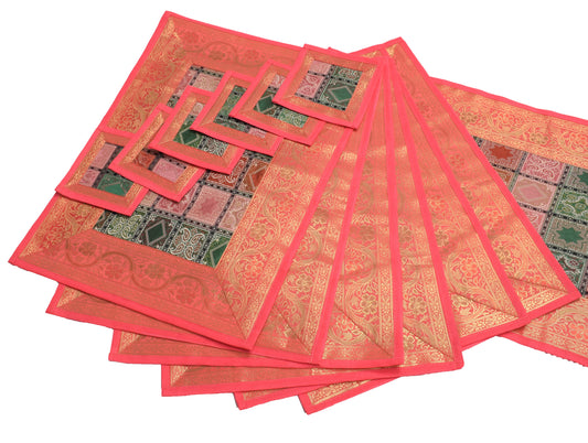 13 PC Dining Table Runner Mat Set Decor Banarasi Silk Brocade Paisley MultiColor