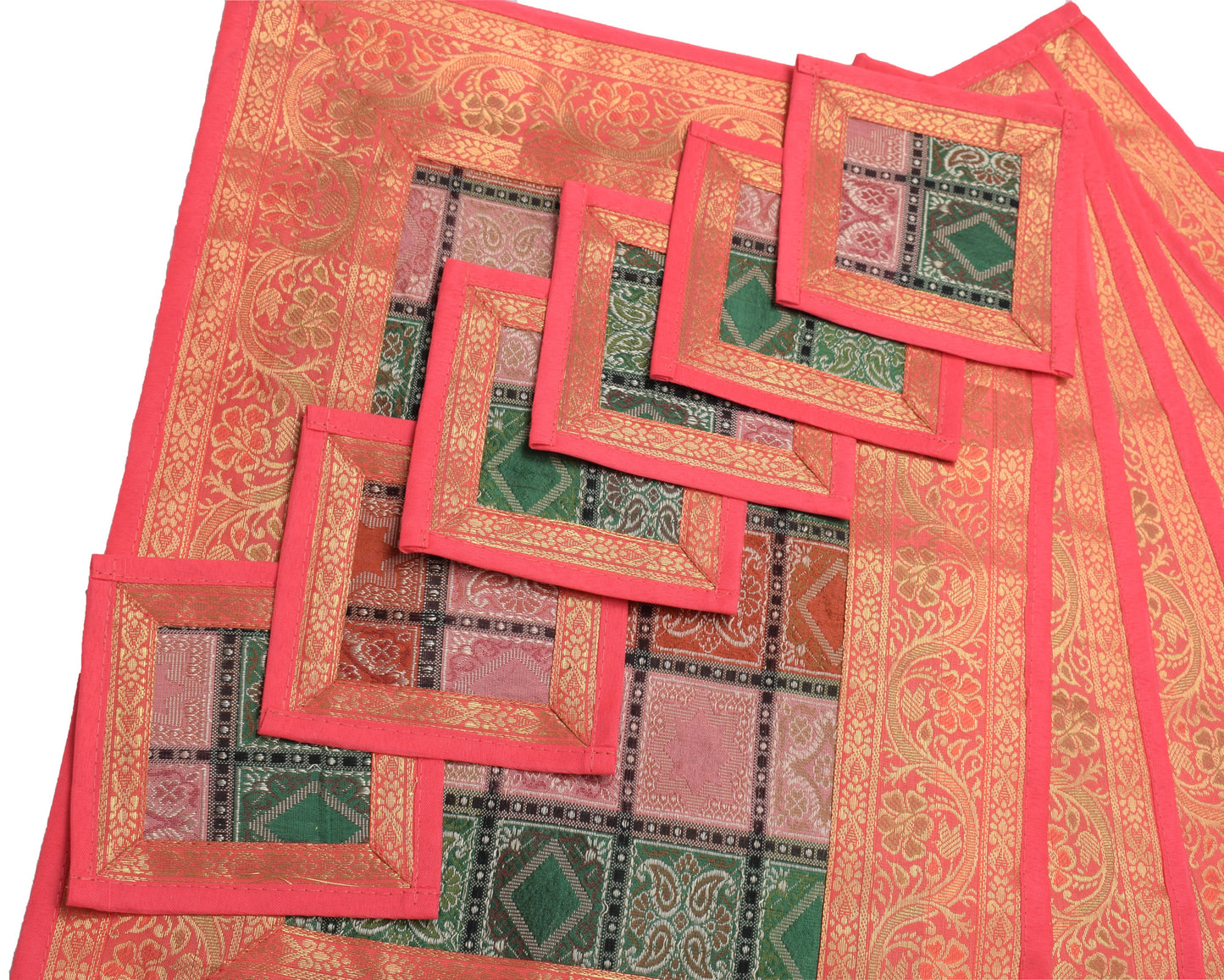 13 PC Dining Table Runner Mat Set Decor Banarasi Silk Brocade Paisley MultiColor
