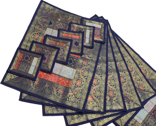 13 PC Black Multi Dining Table Runner Set Decor Banarasi Silk Brocade Paisley