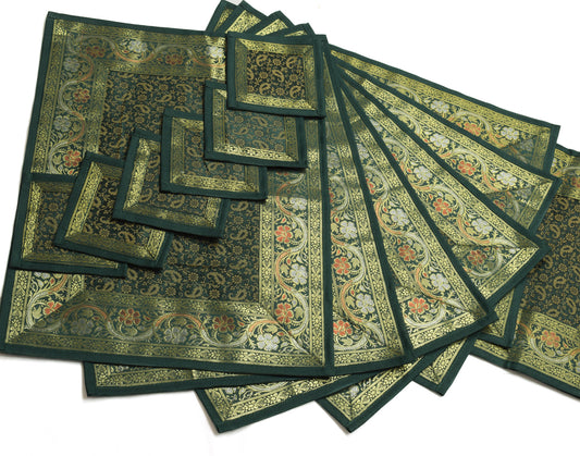 13 PC Green Dining Table Runner Set Decor Banarasi Silk Brocade Paisley Gift