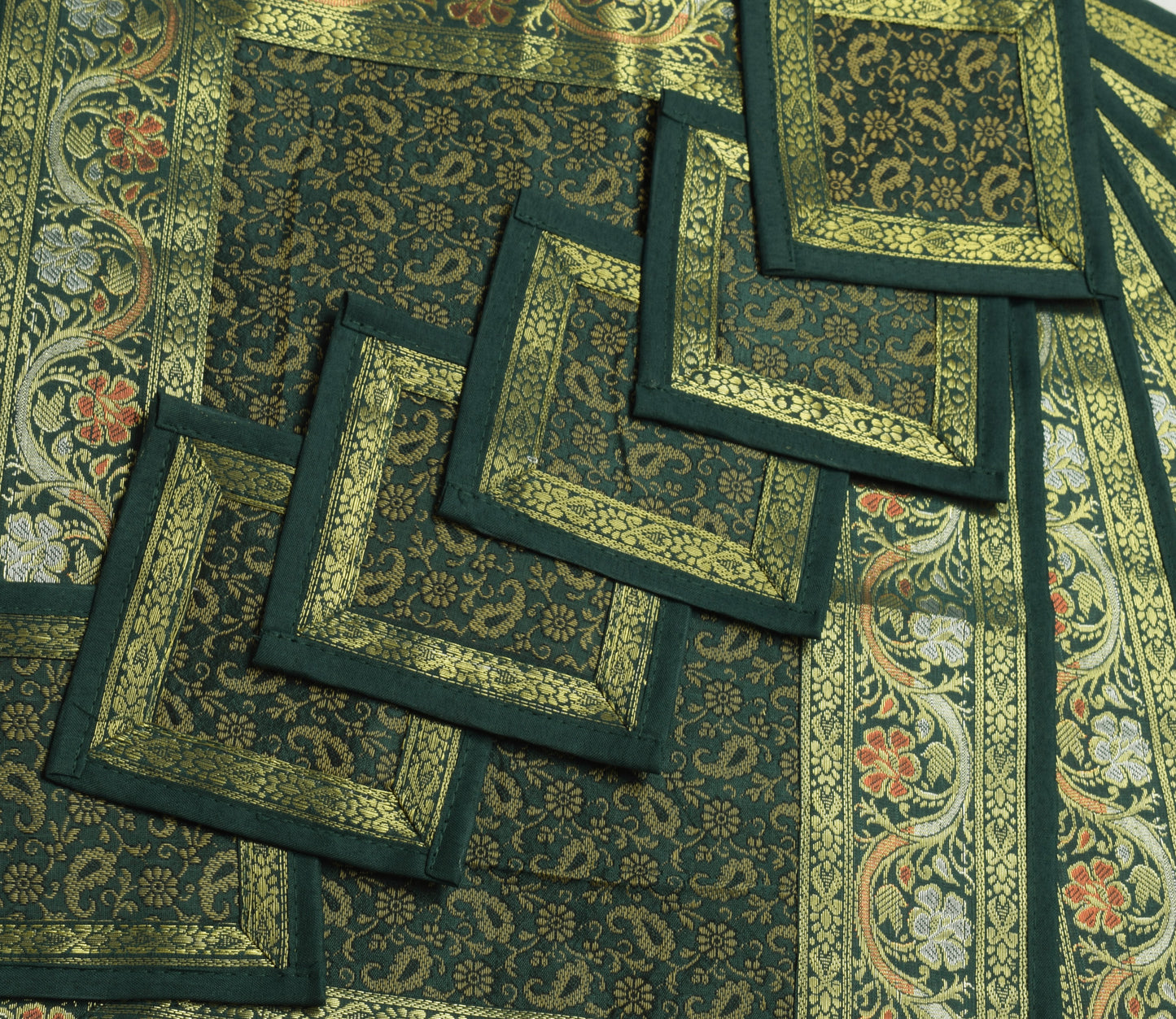 13 PC Green Dining Table Runner Set Decor Banarasi Silk Brocade Paisley Gift