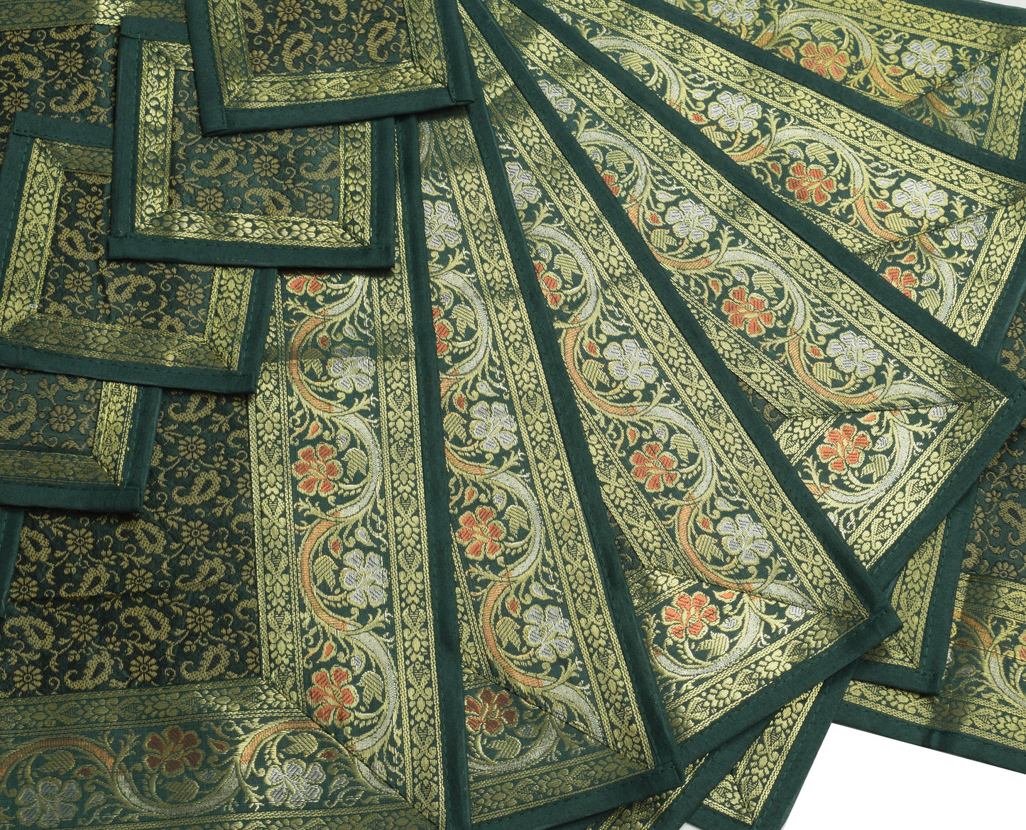 13 PC Green Dining Table Runner Set Decor Banarasi Silk Brocade Paisley Gift
