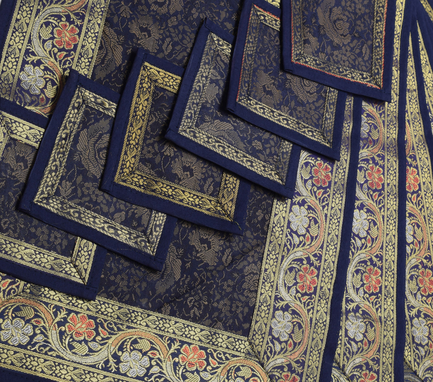 13 PC Navy Blue Dining Table Runner Set Decor Banarasi Silk Brocade Paisley Gift