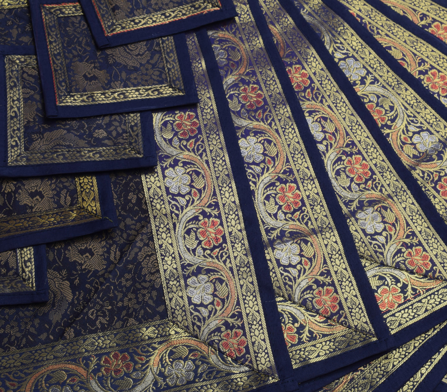 13 PC Navy Blue Dining Table Runner Set Decor Banarasi Silk Brocade Paisley Gift