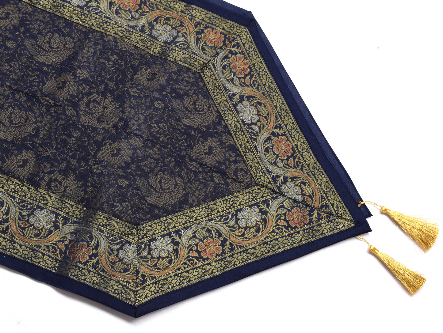 13 PC Navy Blue Dining Table Runner Set Decor Banarasi Silk Brocade Paisley Gift