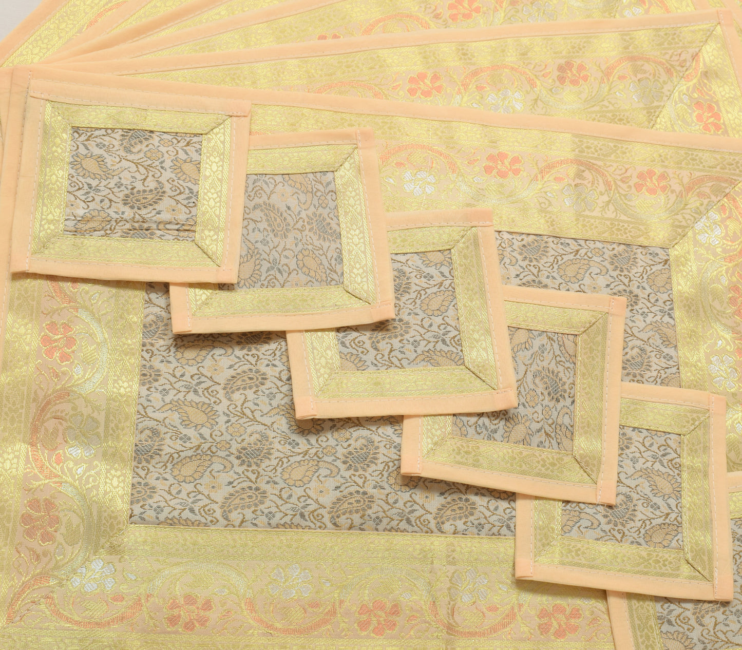 13 PC Cream Dining Table Runner Set Decor Banarasi Silk Brocade Paisley Gift