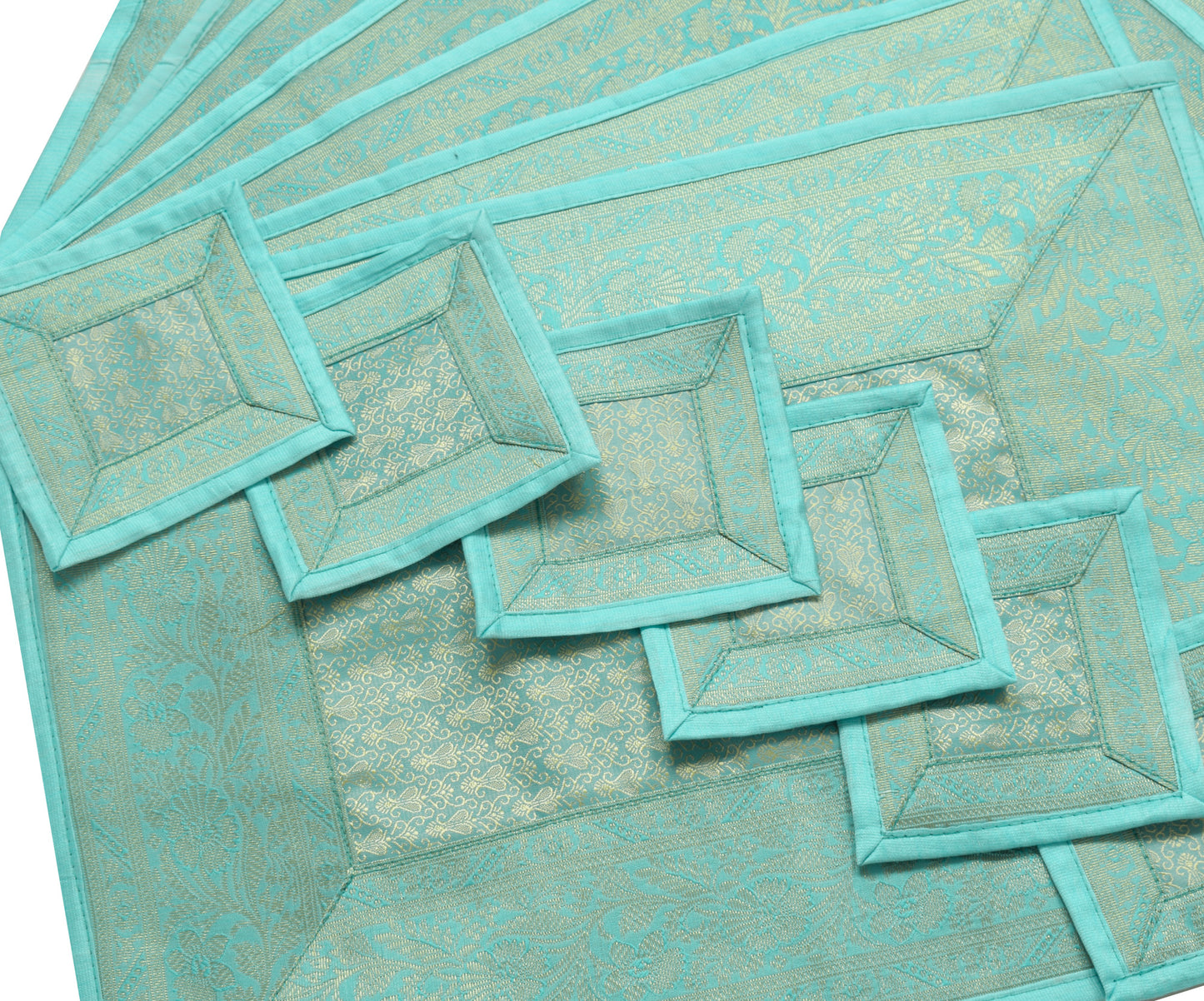 13 PC Aqua Blue Dining Table Runner Set Decor Banarasi Silk Brocade Paisley Gift