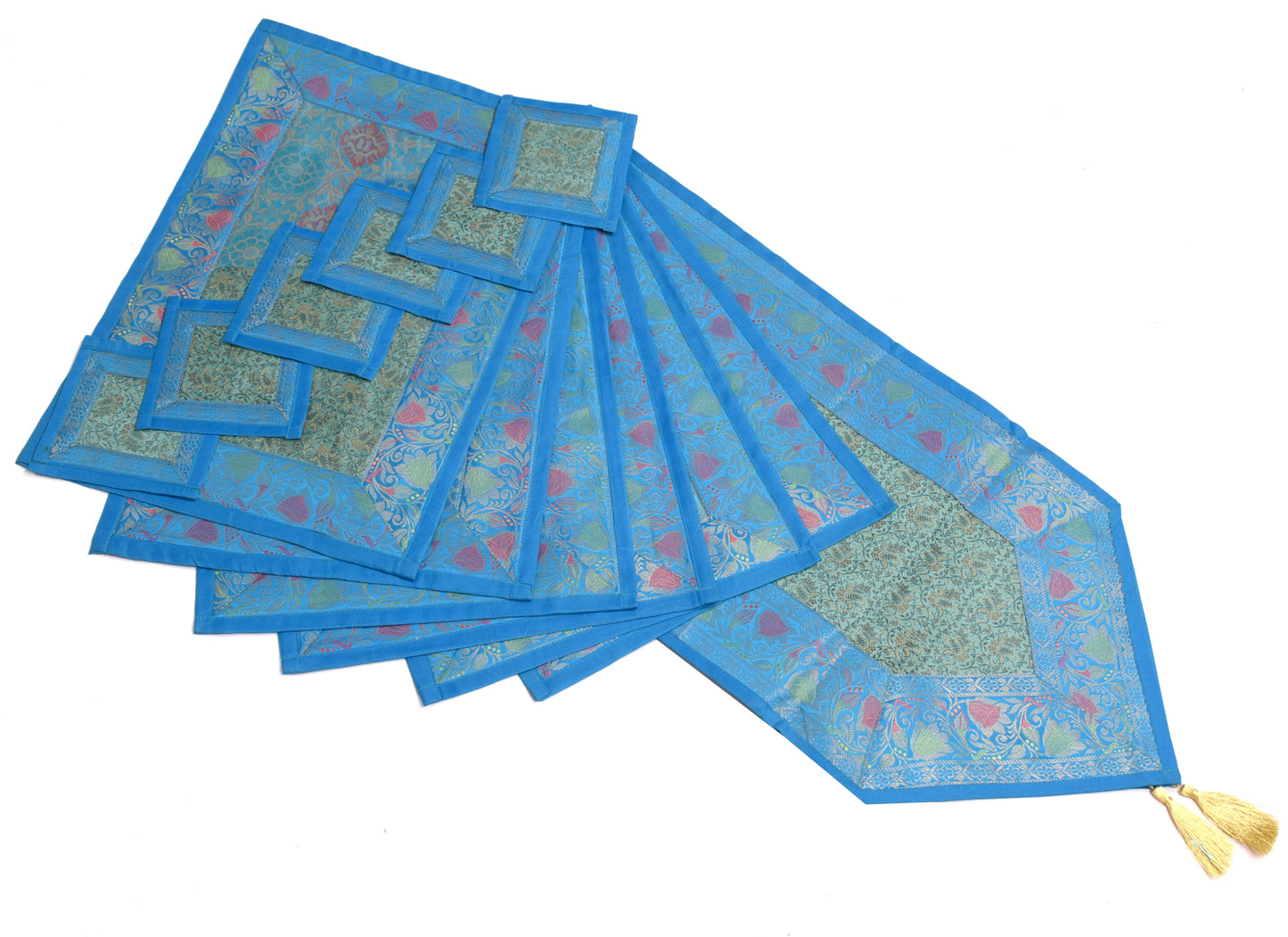 13 PC Green Dining Table Runner Set Decor Banarasi Silk Brocade Paisley Gift