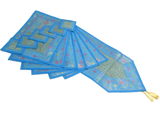 13 PC Green Dining Table Runner Set Decor Banarasi Silk Brocade Paisley Gift