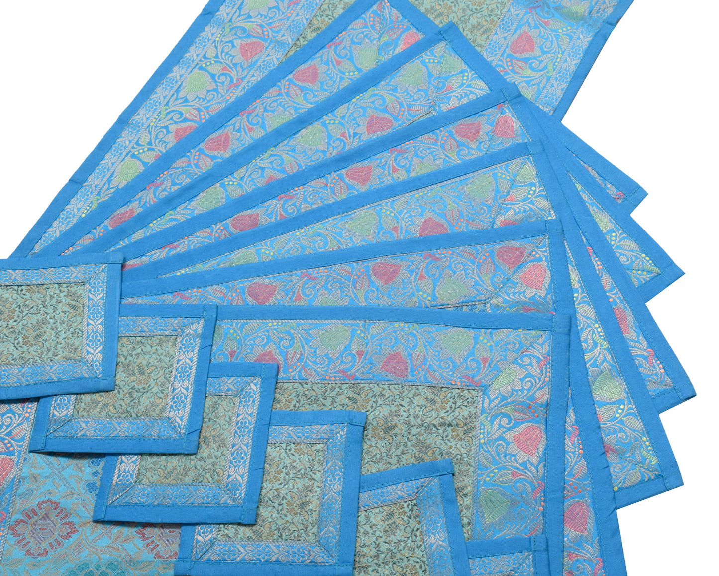 13 PC Green Dining Table Runner Set Decor Banarasi Silk Brocade Paisley Gift