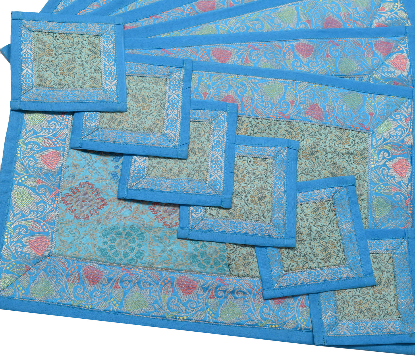 13 PC Green Dining Table Runner Set Decor Banarasi Silk Brocade Paisley Gift