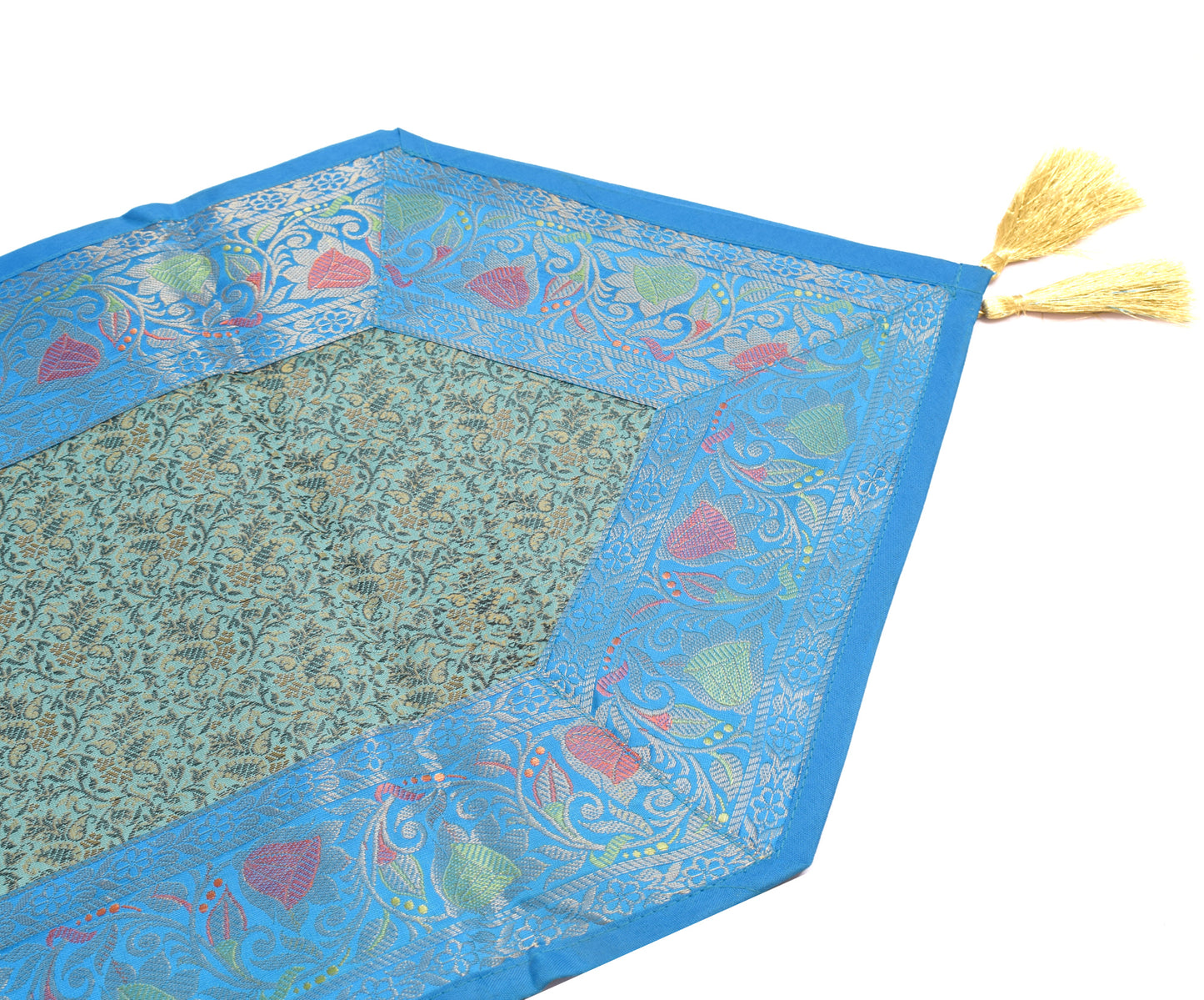 13 PC Green Dining Table Runner Set Decor Banarasi Silk Brocade Paisley Gift