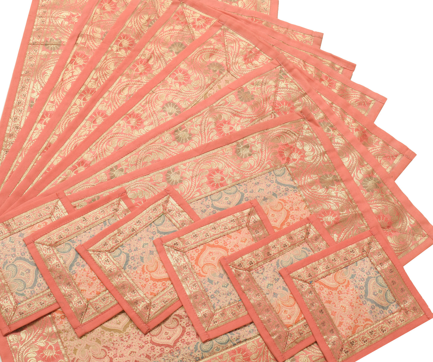 13 PC Peach Dining Table Runner Set Decor Banarasi Silk Brocade Paisley Gift