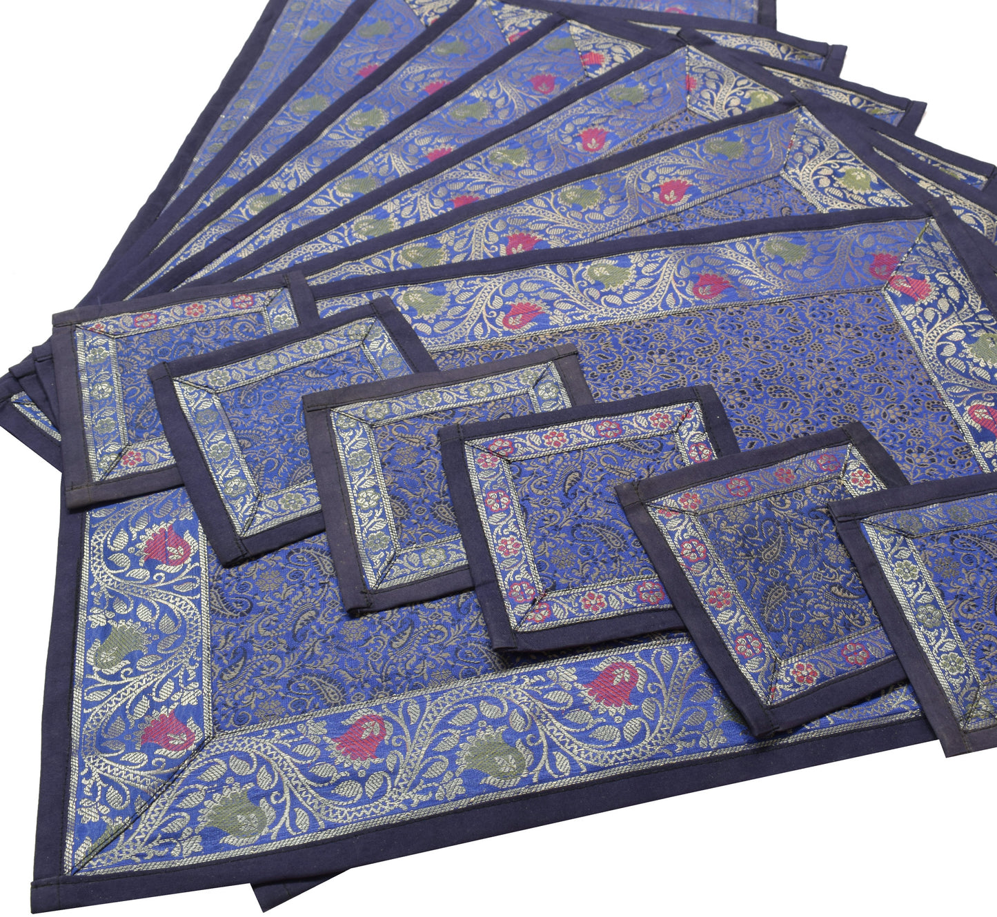 13 PC Aqua Blue Table Runner Set Decor Banarasi Silk Brocade Paisley Gift