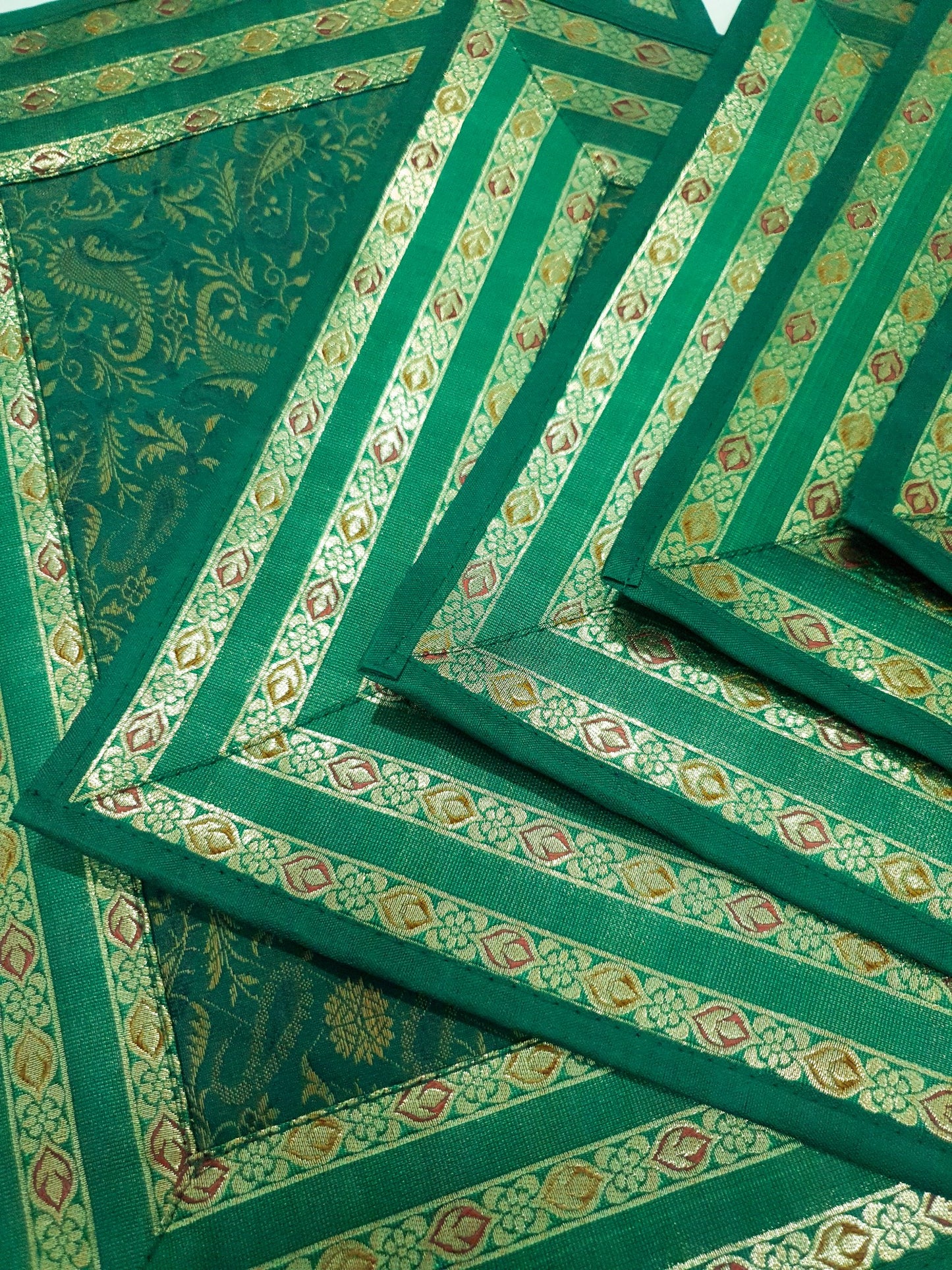 13PC Table Runner Dark Green Banarasi Silk Brocade Paisley Indian Decor Gift