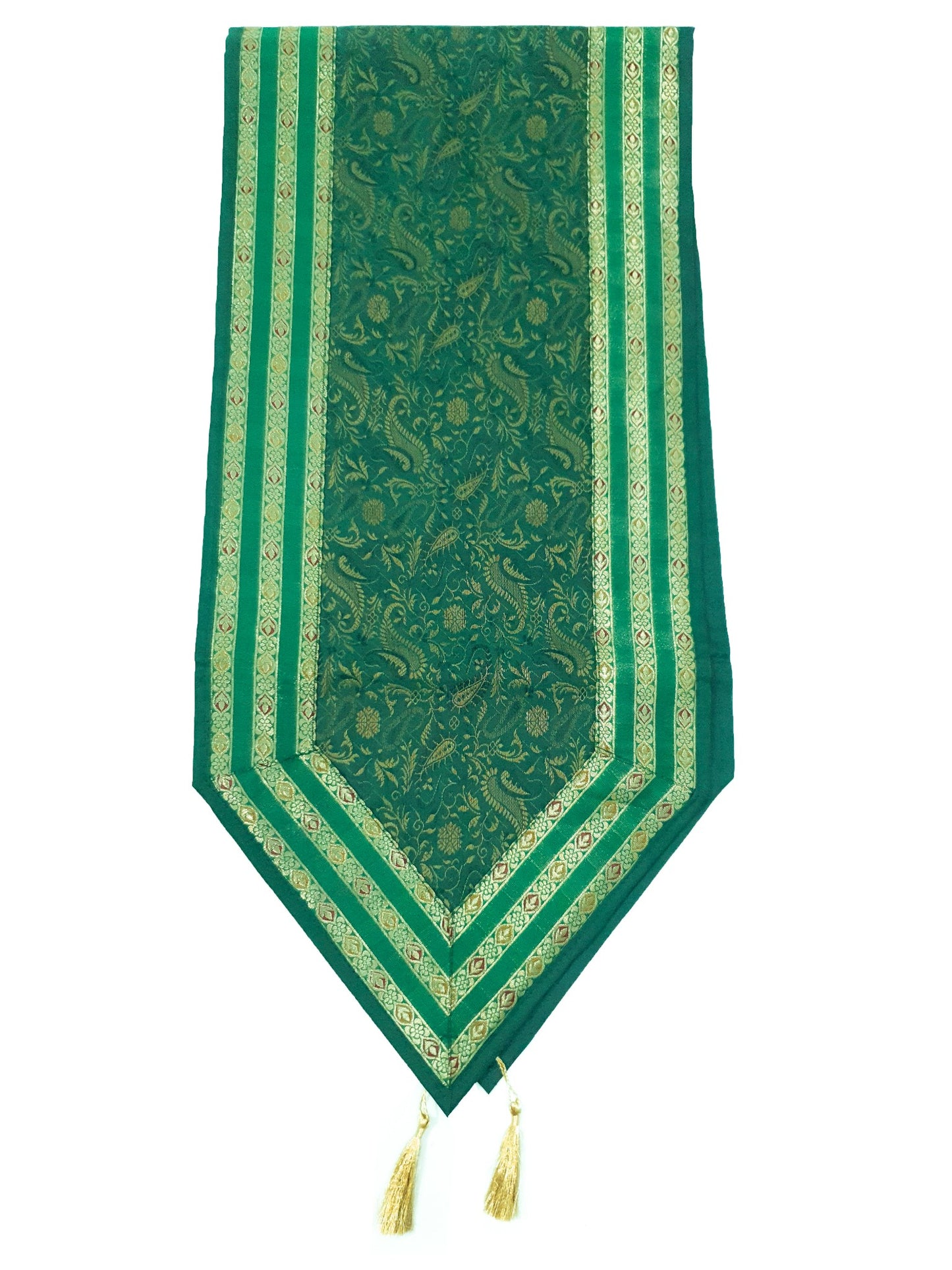 13PC Table Runner Dark Green Banarasi Silk Brocade Paisley Indian Decor Gift