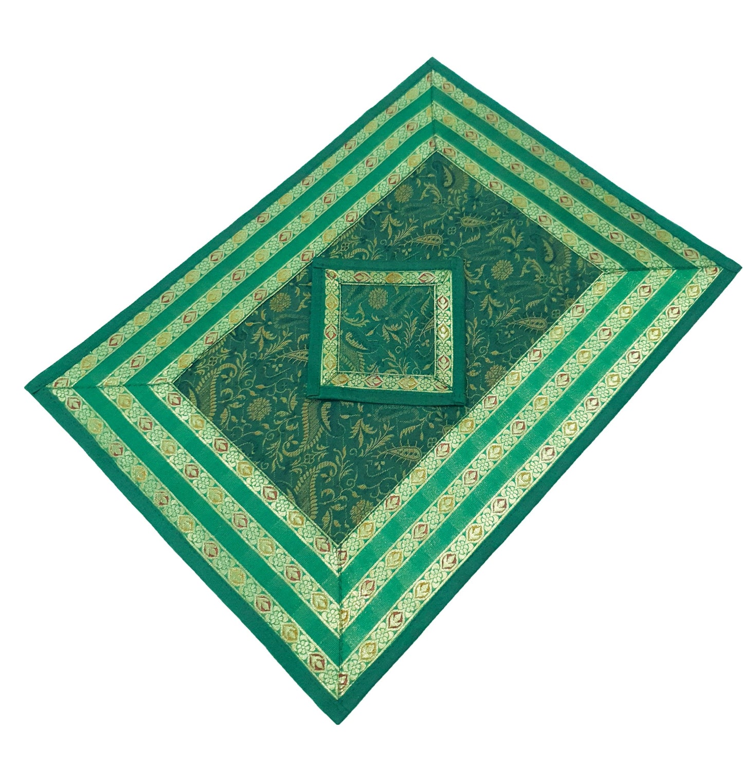 13PC Table Runner Dark Green Banarasi Silk Brocade Paisley Indian Decor Gift