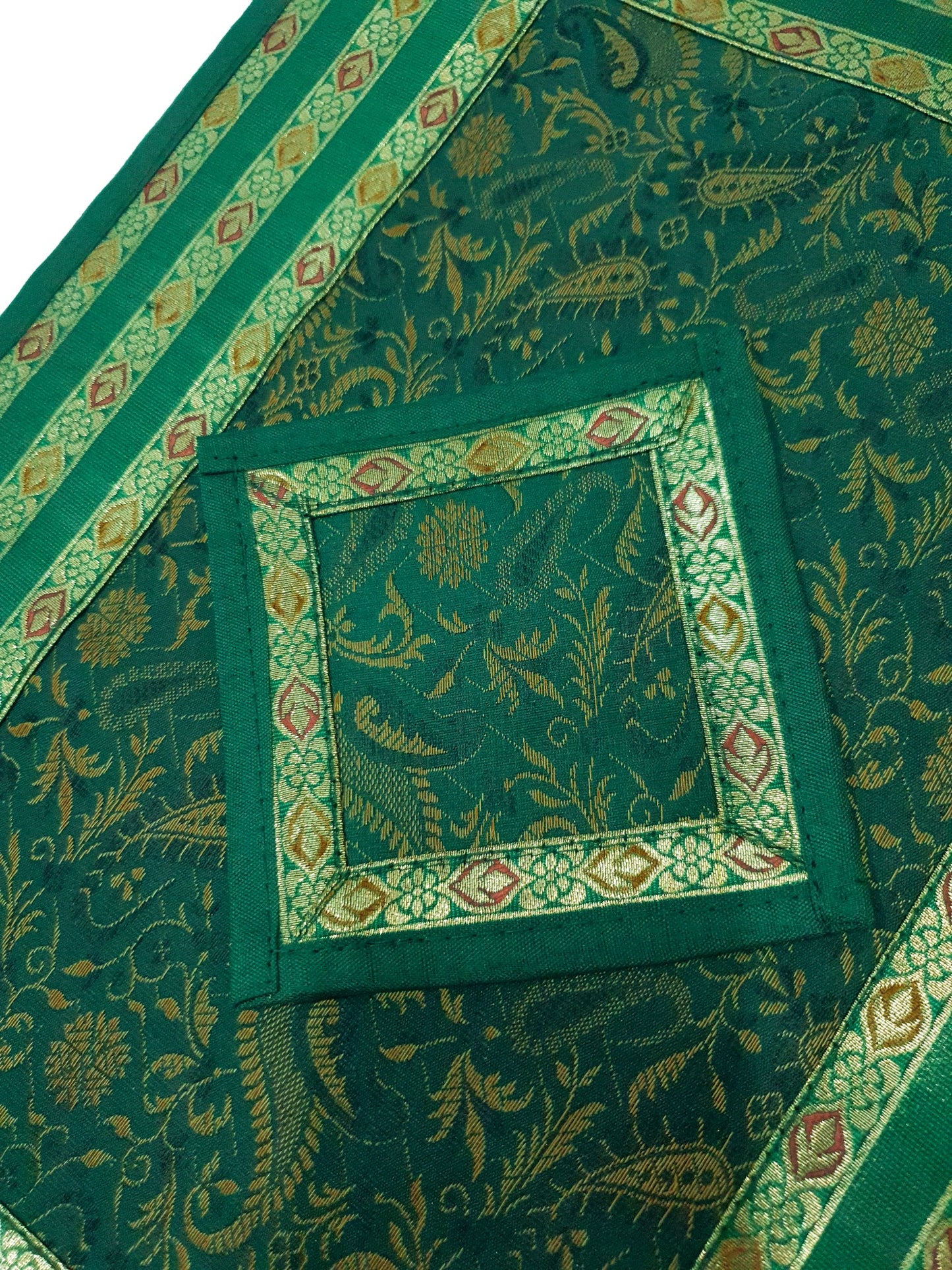 13PC Table Runner Dark Green Banarasi Silk Brocade Paisley Indian Decor Gift