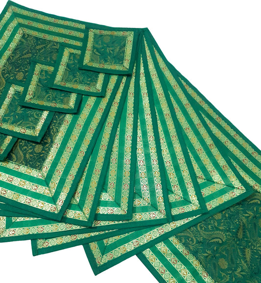13PC Table Runner Dark Green Banarasi Silk Brocade Paisley Indian Decor Gift