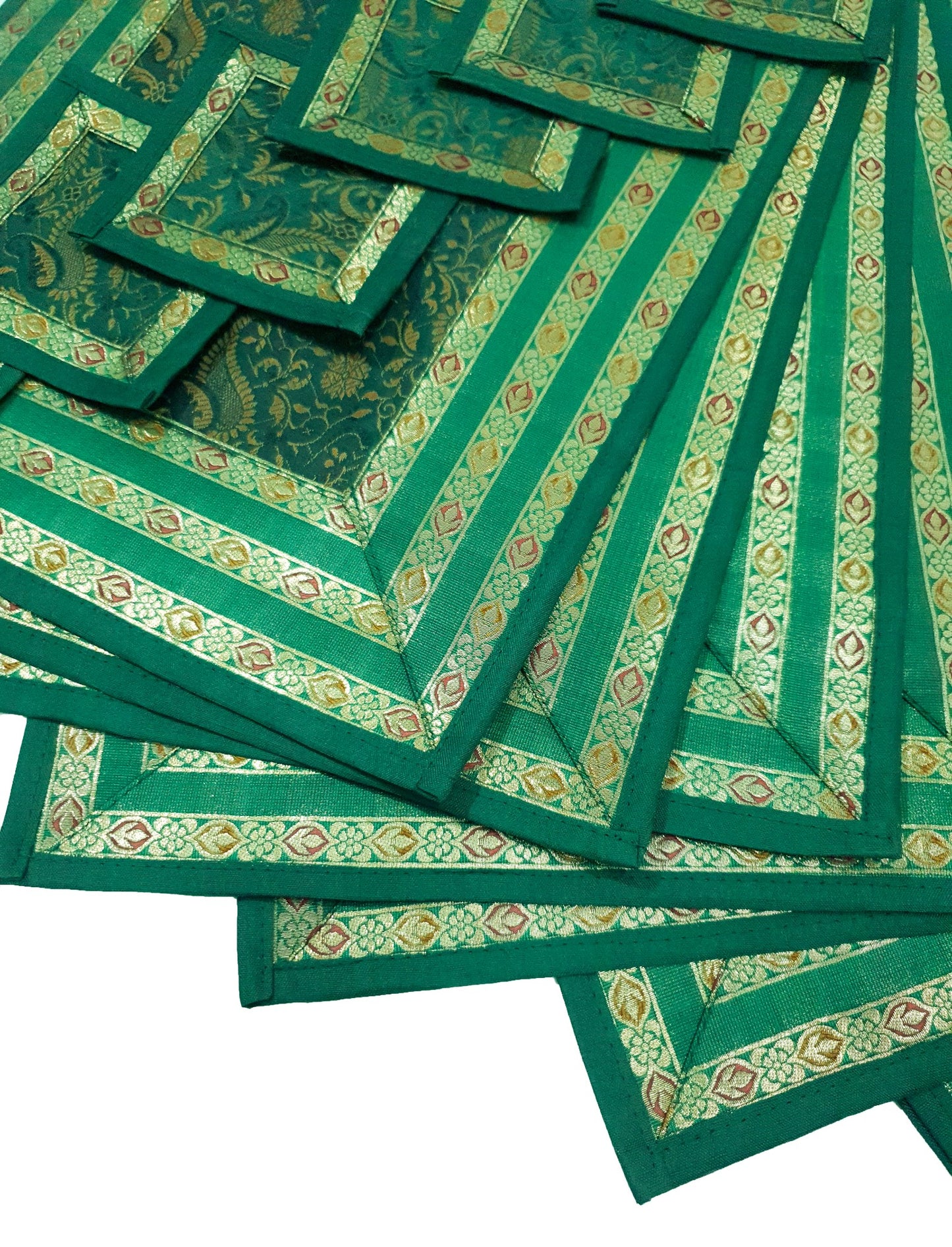 13PC Table Runner Dark Green Banarasi Silk Brocade Paisley Indian Decor Gift