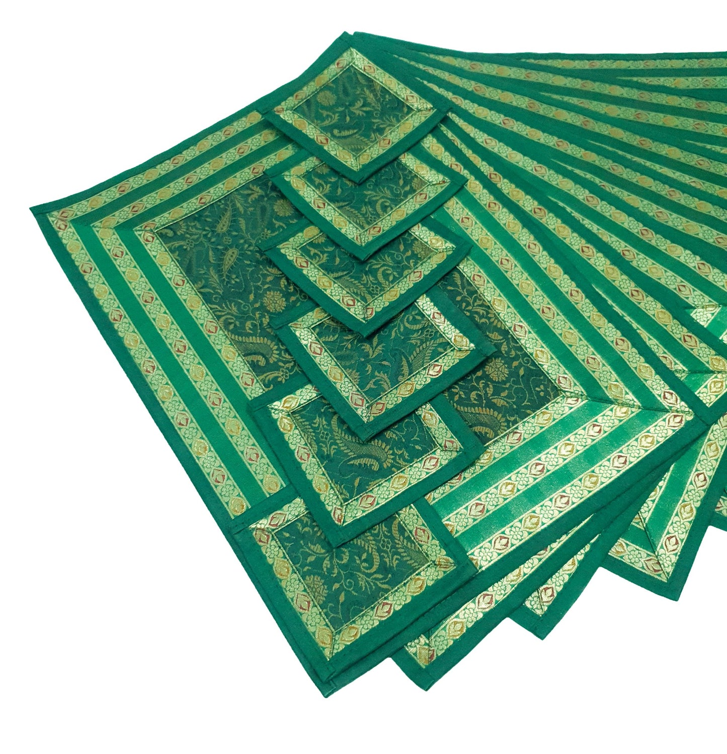 13PC Table Runner Dark Green Banarasi Silk Brocade Paisley Indian Decor Gift