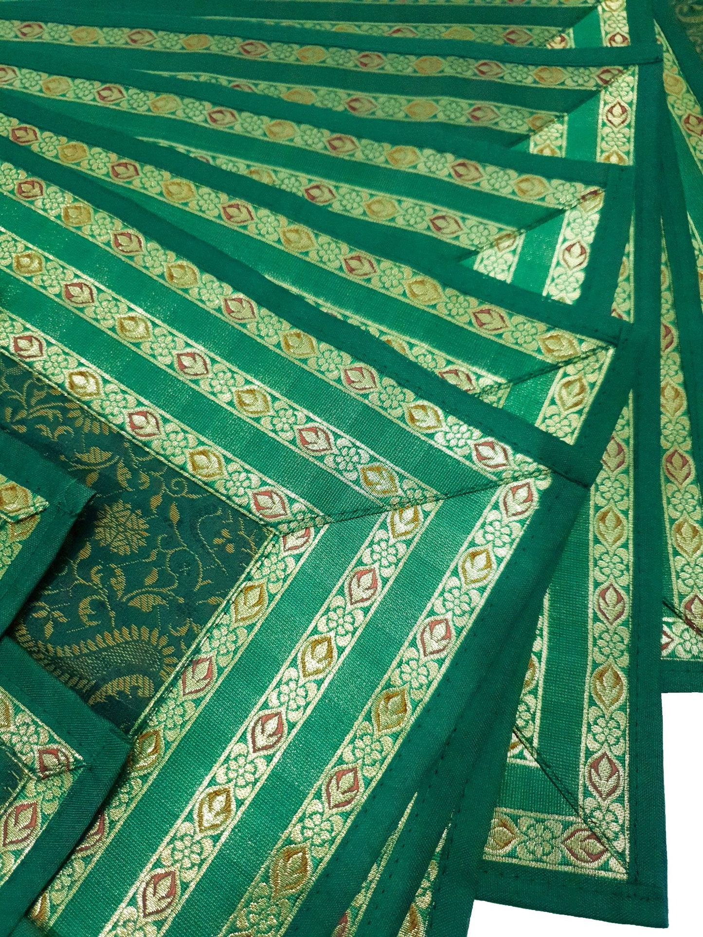 13PC Table Runner Dark Green Banarasi Silk Brocade Paisley Indian Decor Gift