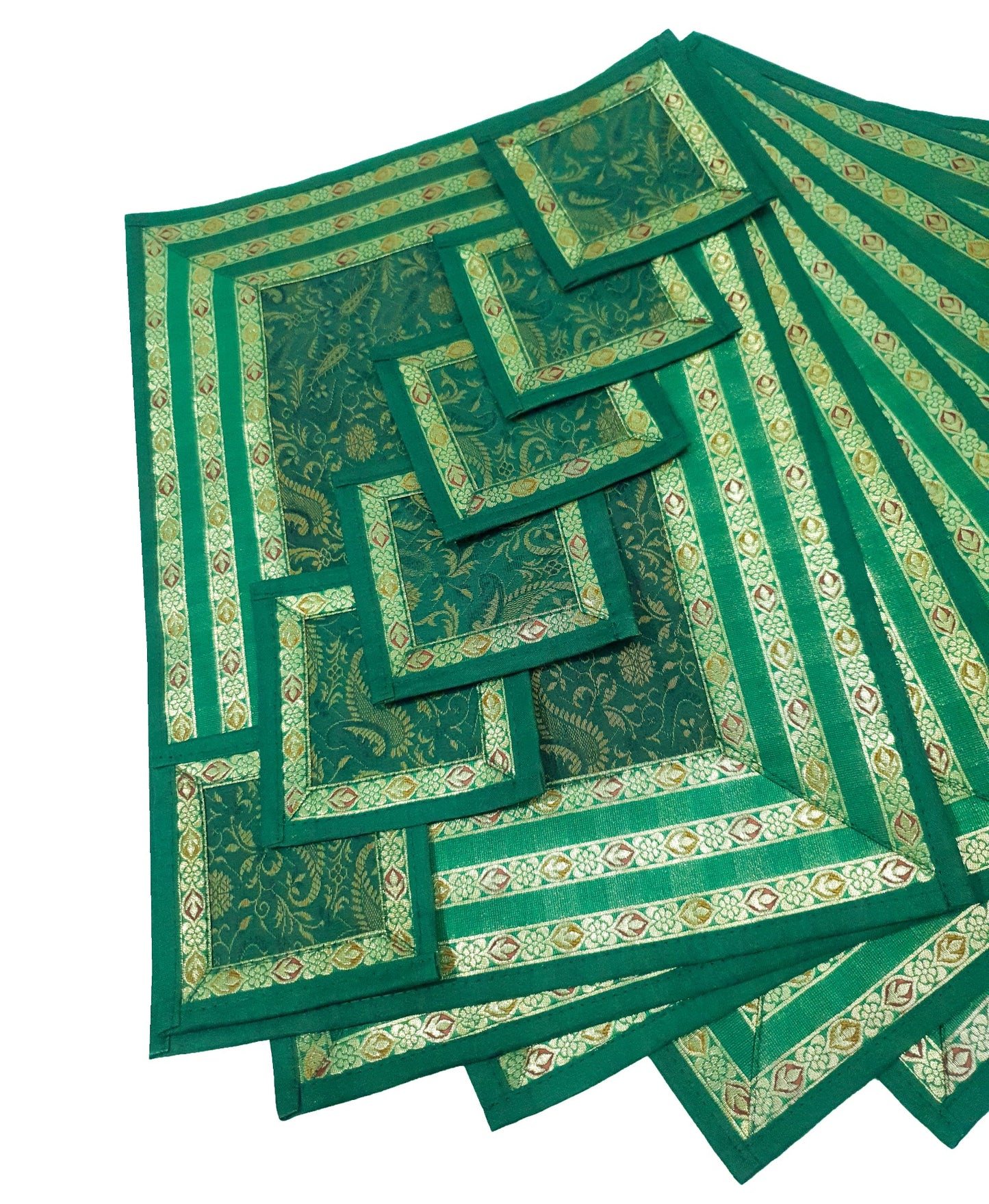 13PC Table Runner Dark Green Banarasi Silk Brocade Paisley Indian Decor Gift