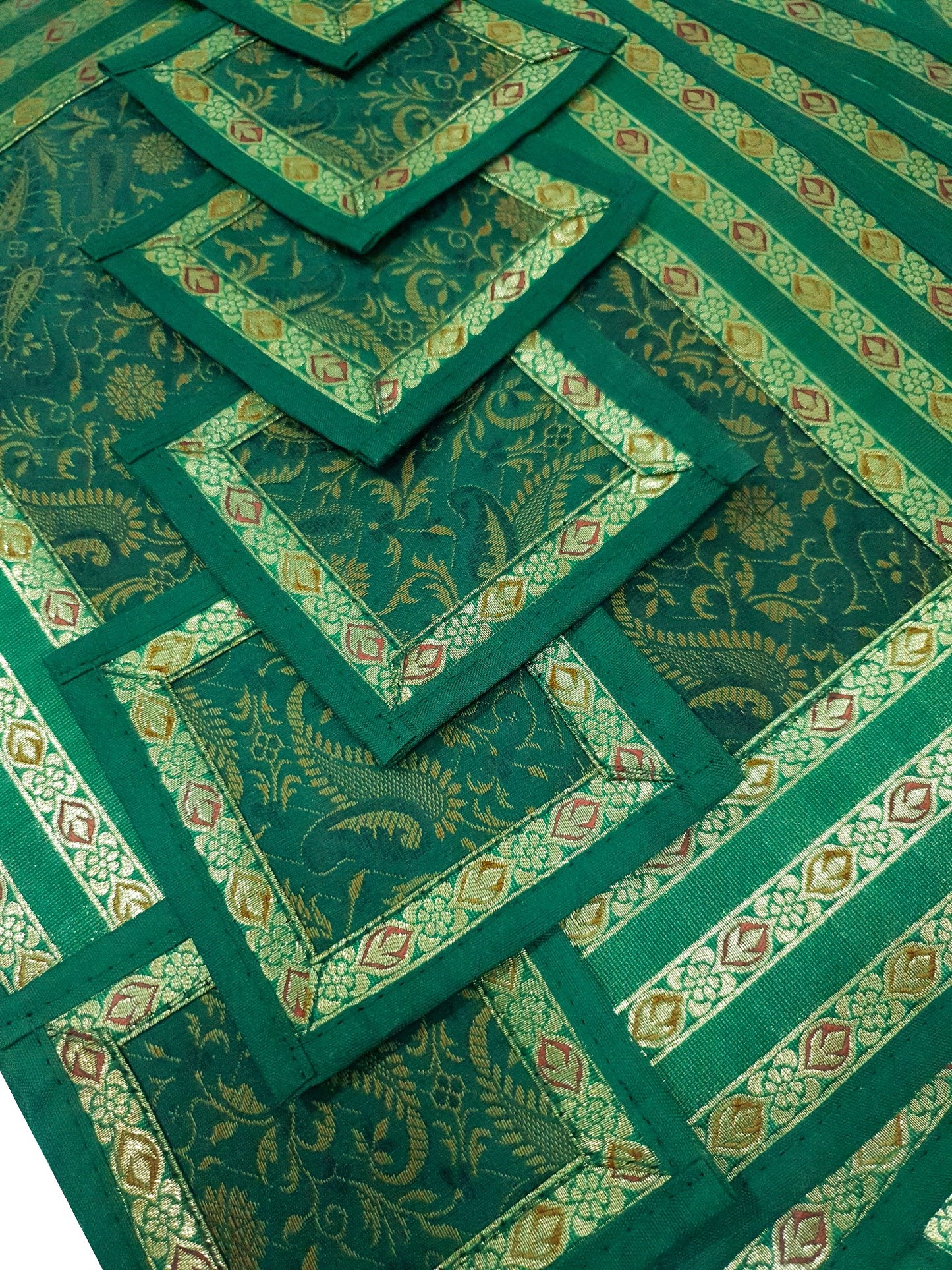 13PC Table Runner Dark Green Banarasi Silk Brocade Paisley Indian Decor Gift