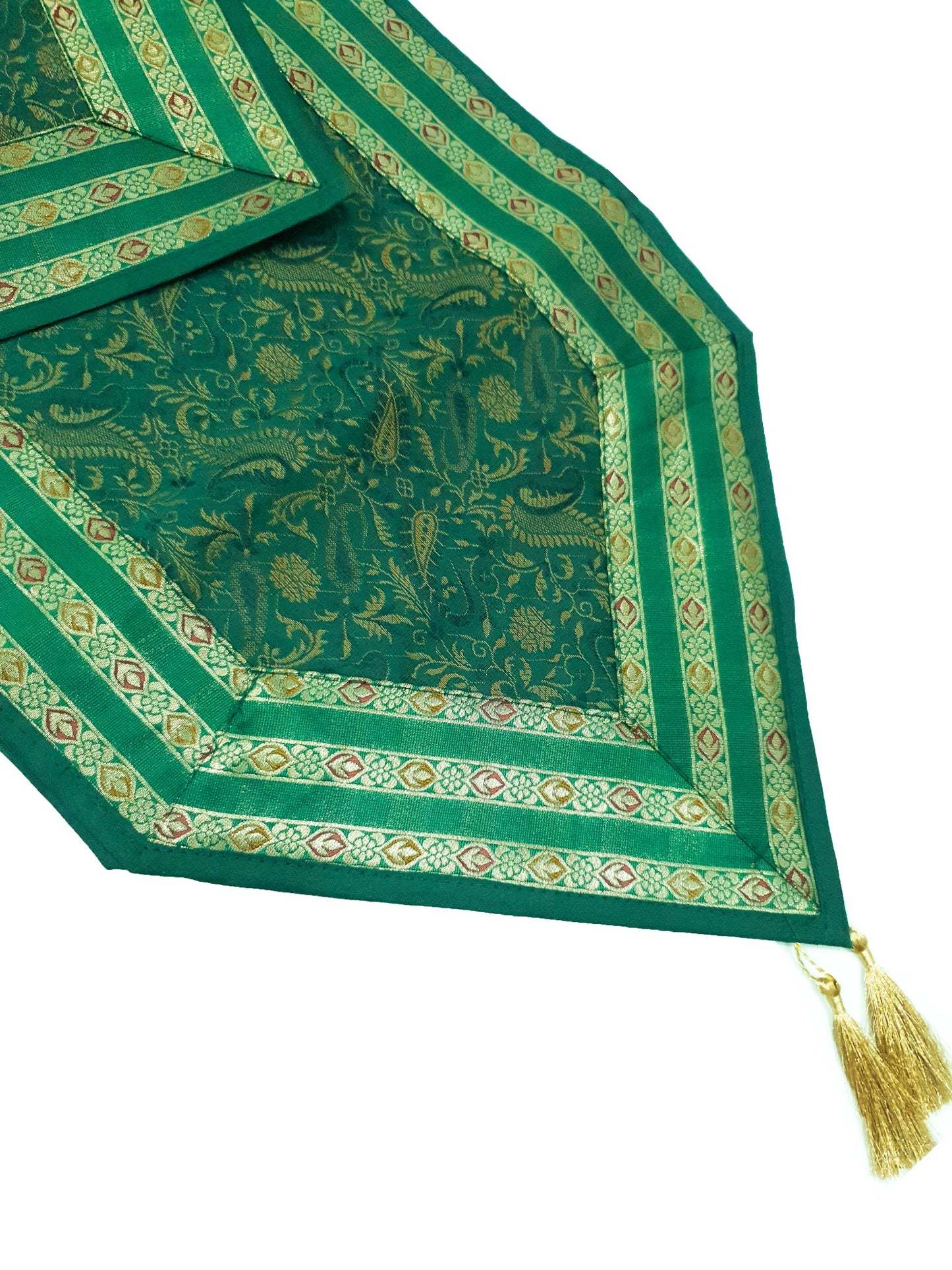 13PC Table Runner Dark Green Banarasi Silk Brocade Paisley Indian Decor Gift