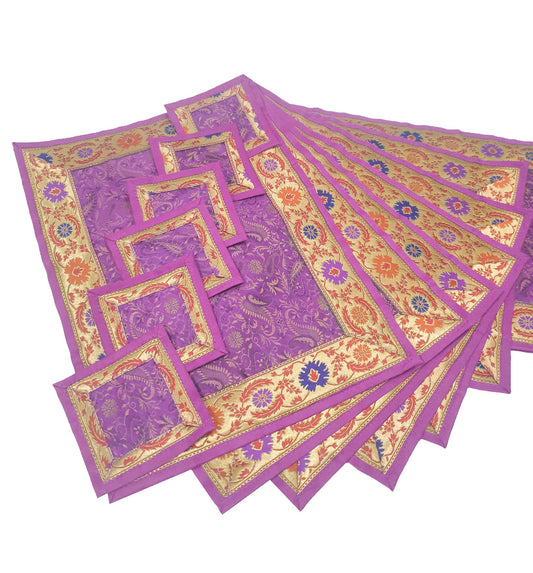 13 PC Purple Table Runner Dining Decor Gift Indian Banarasi Silk Brocade Paisley