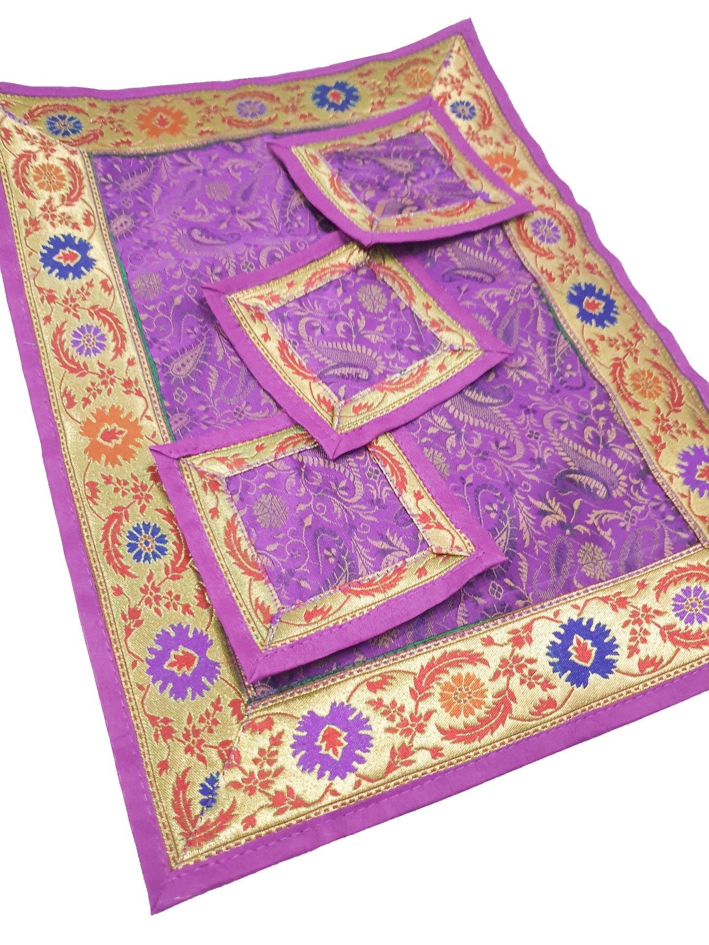 13 PC Purple Table Runner Dining Decor Gift Indian Banarasi Silk Brocade Paisley