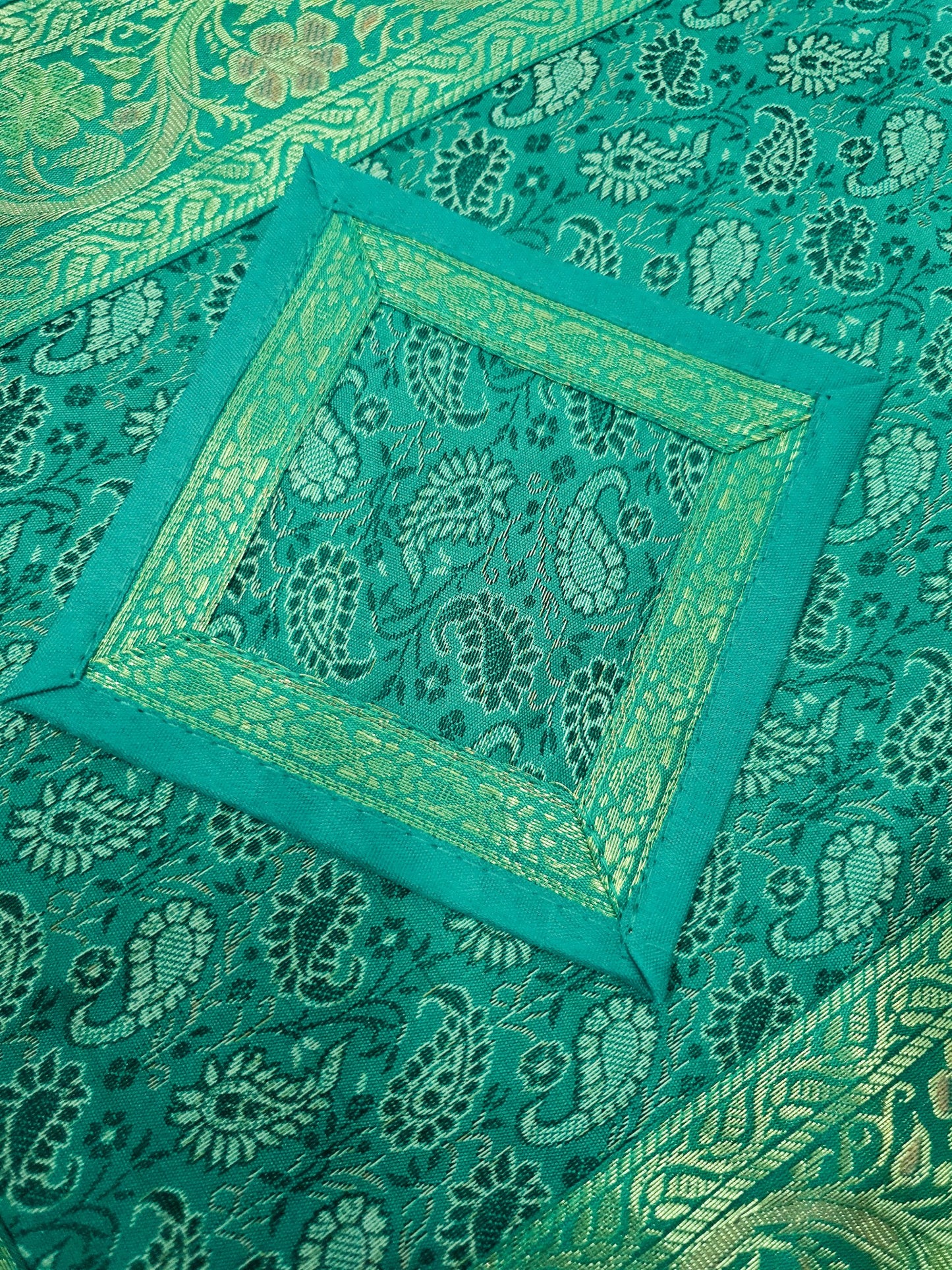 13 PC Table Runner Teal Green Indian Banarasi Silk Brocade Paisley Dining Decor
