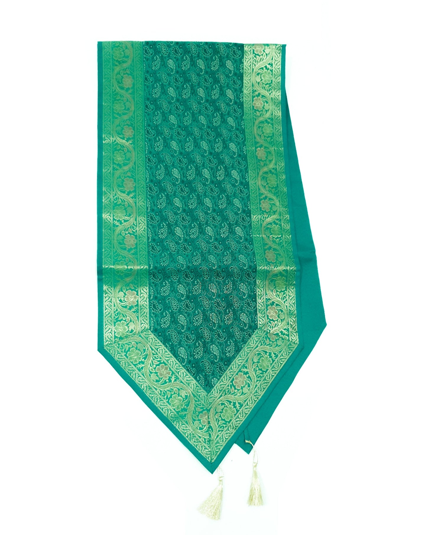 13 PC Table Runner Teal Green Indian Banarasi Silk Brocade Paisley Dining Decor