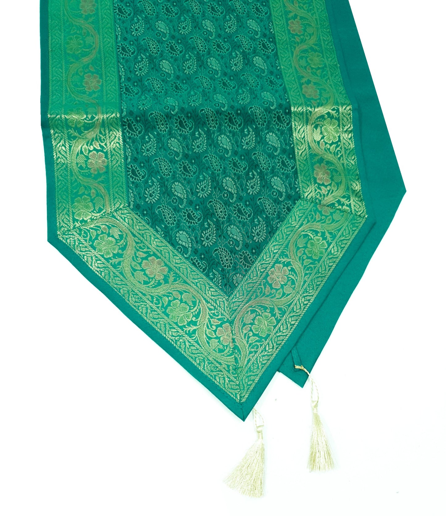 13 PC Table Runner Teal Green Indian Banarasi Silk Brocade Paisley Dining Decor