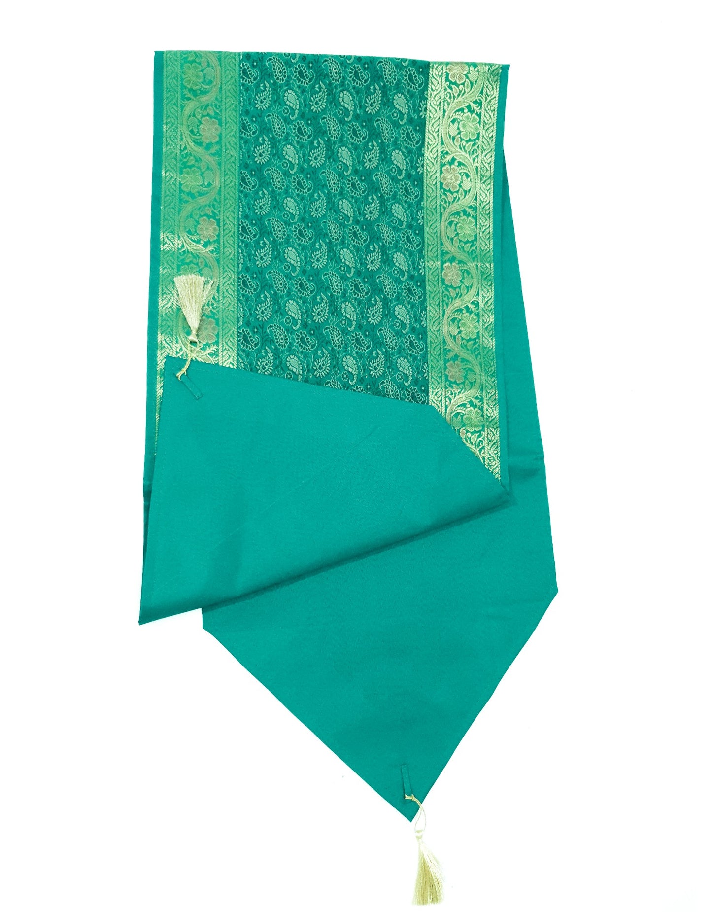 13 PC Table Runner Teal Green Indian Banarasi Silk Brocade Paisley Dining Decor