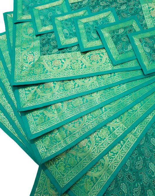13 PC Table Runner Teal Green Indian Banarasi Silk Brocade Paisley Dining Decor